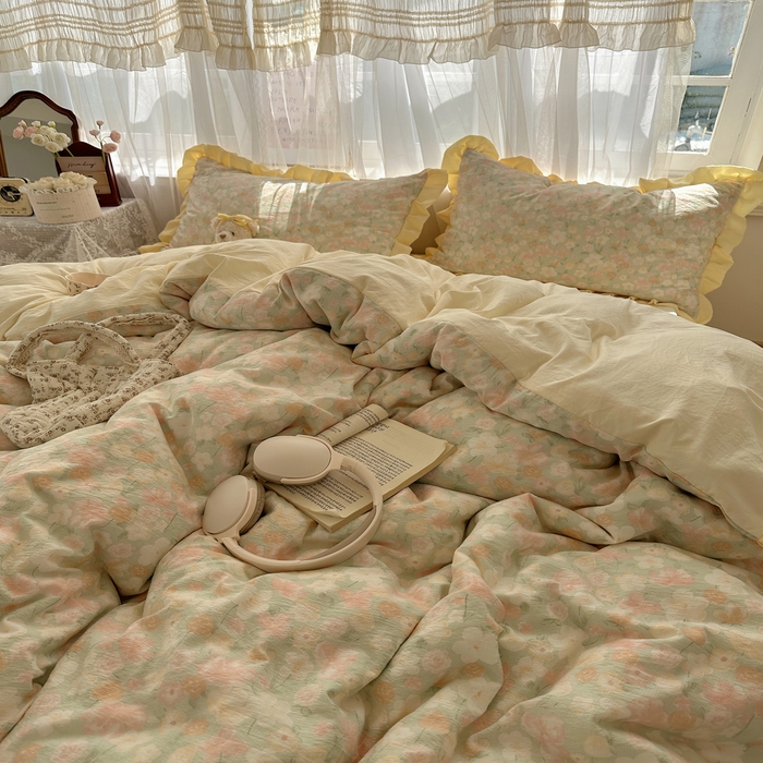 91家纺网 家纺一手货源 找家纺 顾里家纺 2025新款韩系花边皱皱纱四件套 桔梗小屿