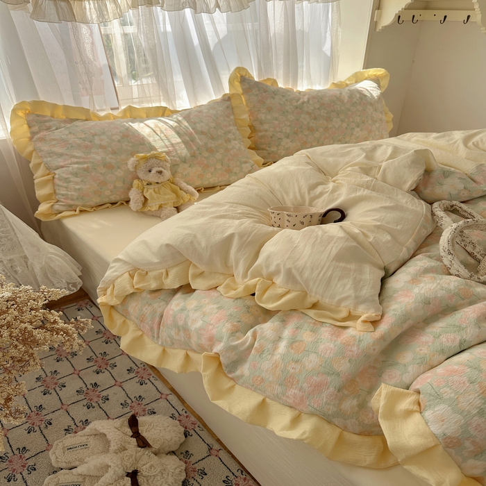 91家纺网 家纺一手货源 找家纺 顾里家纺 2025新款韩系花边皱皱纱四件套 桔梗小屿