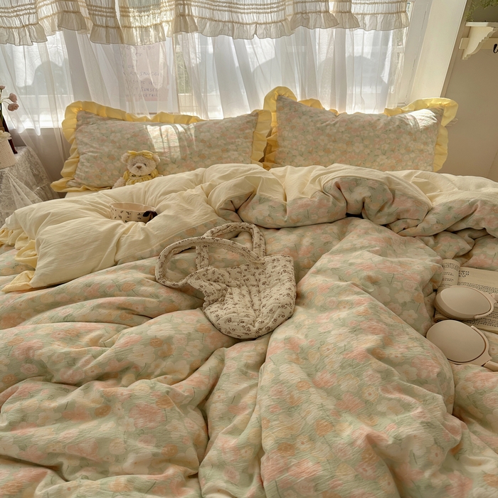 91家纺网 家纺一手货源 找家纺 顾里家纺 2025新款韩系花边皱皱纱四件套 桔梗小屿