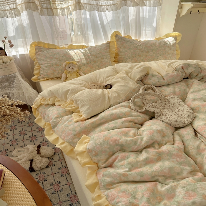 91家纺网 家纺一手货源 找家纺 顾里家纺 2025新款韩系花边皱皱纱四件套 桔梗小屿