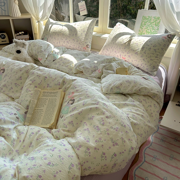 91家纺网 家纺一手货源 找家纺 （总）耀达家居 2025新款木棉A类有氧双层纱四件套小清新碎花床单宿舍三件套