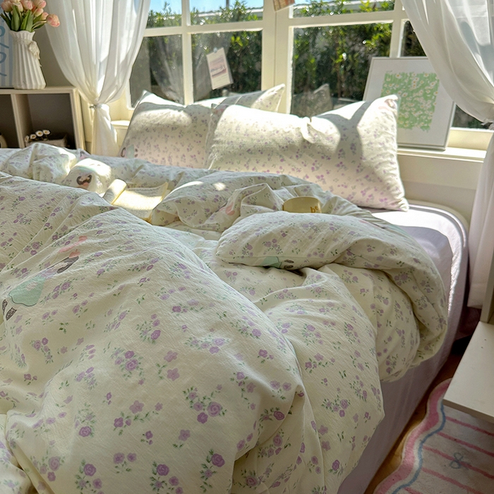 91家纺网 家纺一手货源 找家纺 （总）耀达家居 2025新款木棉A类有氧双层纱四件套小清新碎花床单宿舍三件套