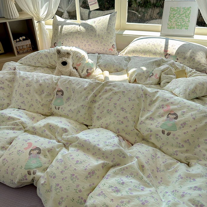 91家纺网 家纺一手货源 找家纺 （总）耀达家居 2025新款木棉A类有氧双层纱四件套小清新碎花床单宿舍三件套