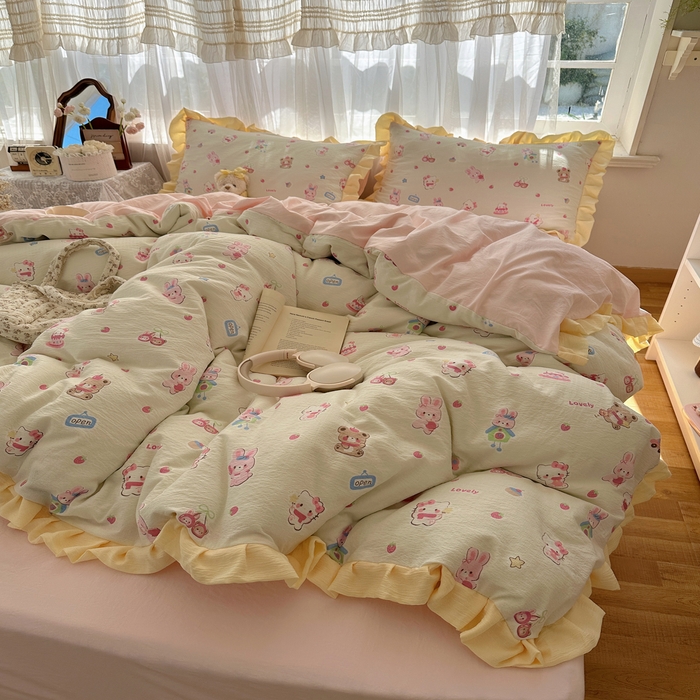 91家纺网 家纺一手货源 找家纺 顾里家纺 2025新款韩系花边皱皱纱四件套 猫兔好友