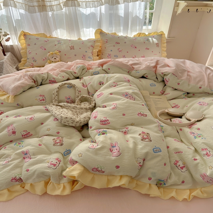 91家纺网 家纺一手货源 找家纺 顾里家纺 2025新款韩系花边皱皱纱四件套 猫兔好友