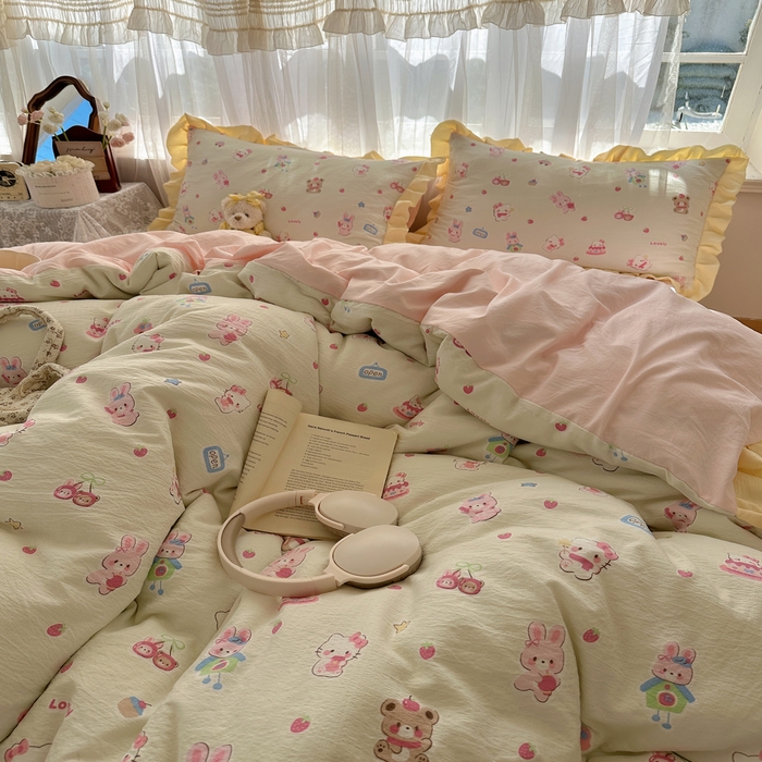 91家纺网 家纺一手货源 找家纺 顾里家纺 2025新款韩系花边皱皱纱四件套 猫兔好友