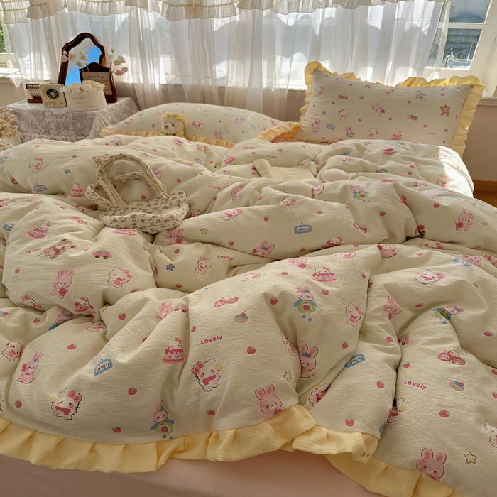 91家纺网 家纺一手货源 找家纺 顾里家纺 2025新款韩系花边皱皱纱四件套 猫兔好友