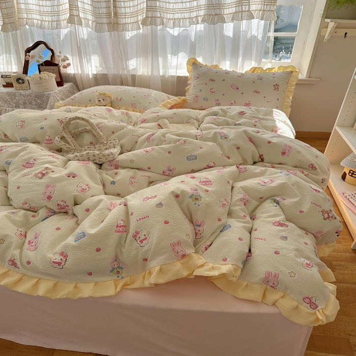 91家纺网 家纺一手货源 找家纺 顾里家纺 2025新款韩系花边皱皱纱四件套 猫兔好友