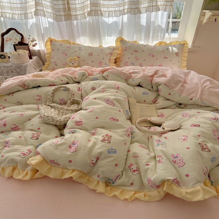 91家纺网 家纺一手货源 找家纺 顾里家纺 2025新款韩系花边皱皱纱四件套 猫兔好友