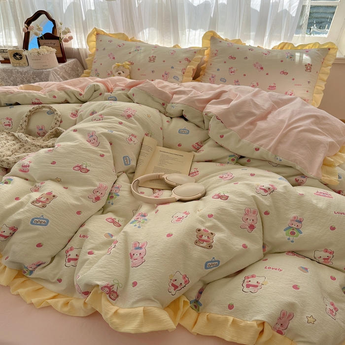 91家纺网 家纺一手货源 找家纺 顾里家纺 2025新款韩系花边皱皱纱四件套 猫兔好友