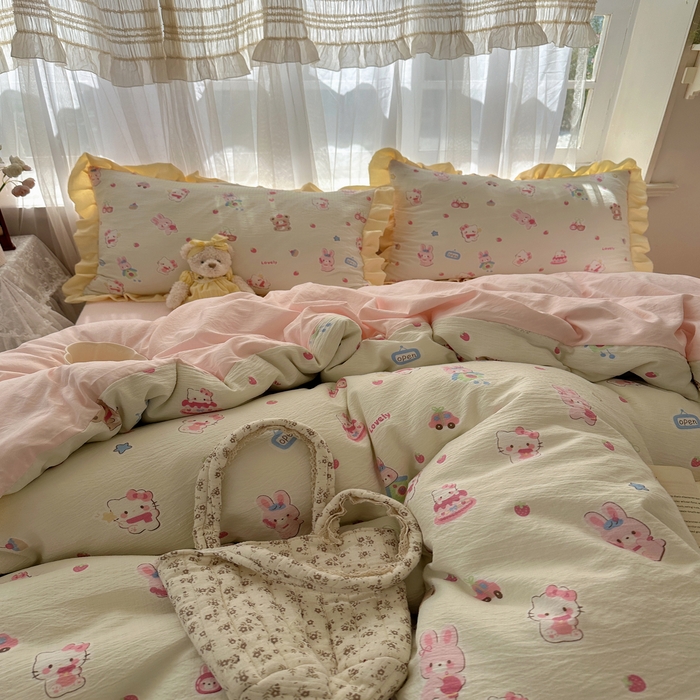 91家纺网 家纺一手货源 找家纺 顾里家纺 2025新款韩系花边皱皱纱四件套 猫兔好友