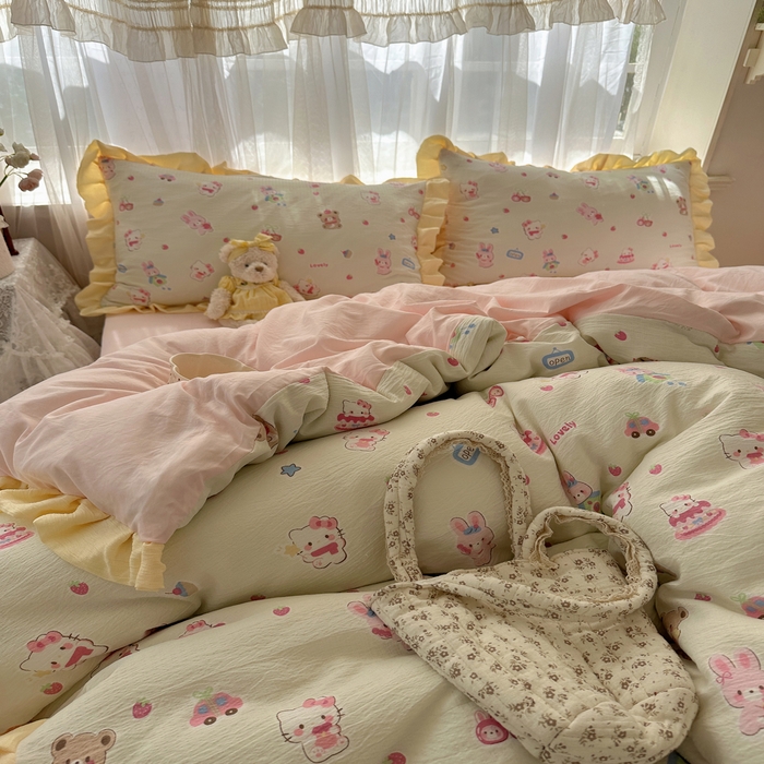 91家纺网 家纺一手货源 找家纺 顾里家纺 2025新款韩系花边皱皱纱四件套 猫兔好友