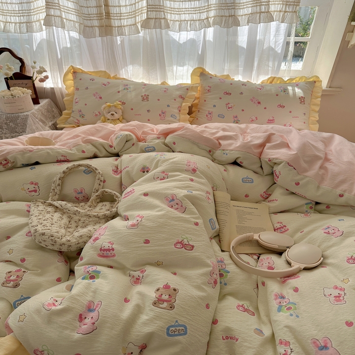 91家纺网 家纺一手货源 找家纺 顾里家纺 2025新款韩系花边皱皱纱四件套 猫兔好友