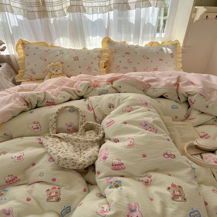 91家纺网 家纺一手货源 找家纺 顾里家纺 2025新款韩系花边皱皱纱四件套 猫兔好友