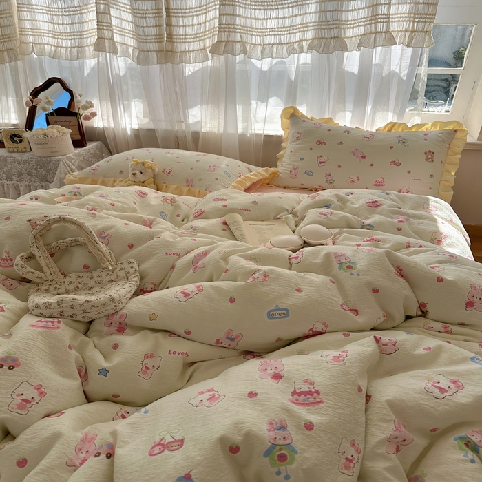 91家纺网 家纺一手货源 找家纺 顾里家纺 2025新款韩系花边皱皱纱四件套 猫兔好友