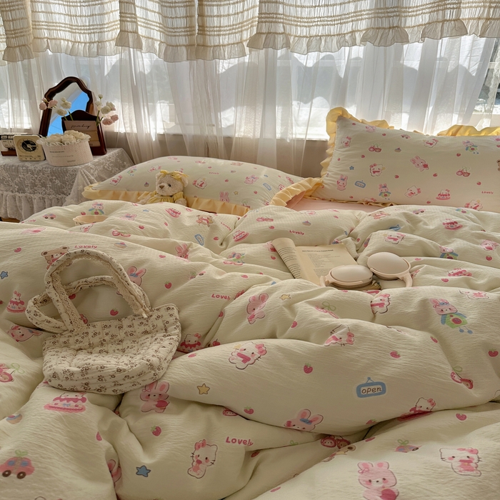 91家纺网 家纺一手货源 找家纺 顾里家纺 2025新款韩系花边皱皱纱四件套 猫兔好友