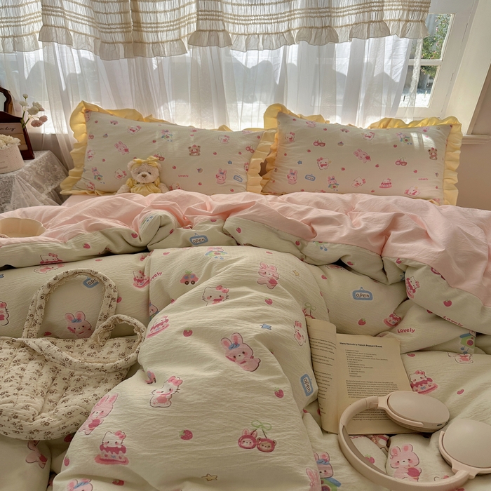 91家纺网 家纺一手货源 找家纺 顾里家纺 2025新款韩系花边皱皱纱四件套 猫兔好友