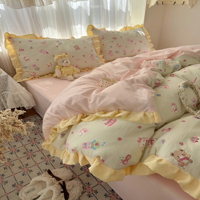 91家纺网 家纺一手货源 找家纺 顾里家纺 2025新款韩系花边皱皱纱四件套 猫兔好友