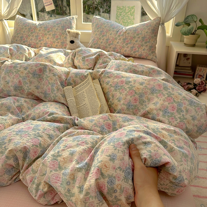 91家纺网 家纺一手货源 找家纺 （总）耀达家居 2025新款木棉A类有氧双层纱四件套小清新碎花床单宿舍三件套