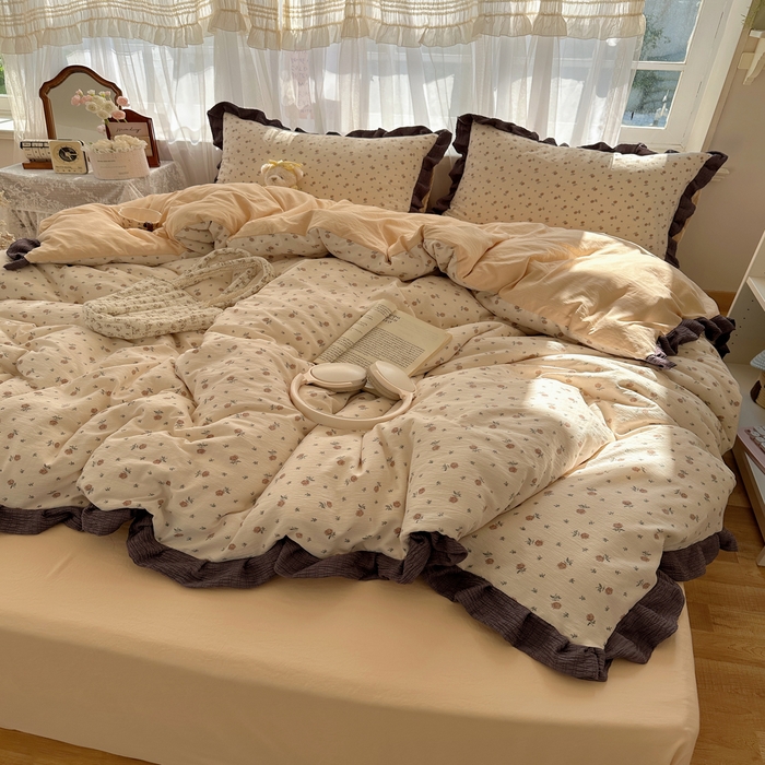 91家纺网 家纺一手货源 找家纺 顾里家纺 2025新款韩系花边皱皱纱四件套 晴岛恋章