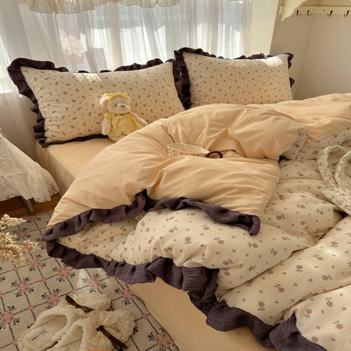 91家纺网 家纺一手货源 找家纺 顾里家纺 2025新款韩系花边皱皱纱四件套 晴岛恋章