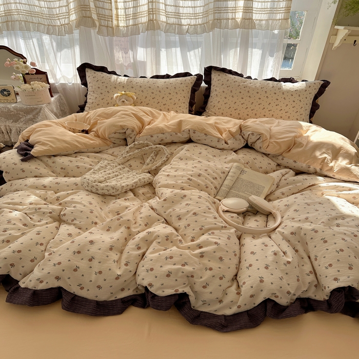 91家纺网 家纺一手货源 找家纺 顾里家纺 2025新款韩系花边皱皱纱四件套 晴岛恋章