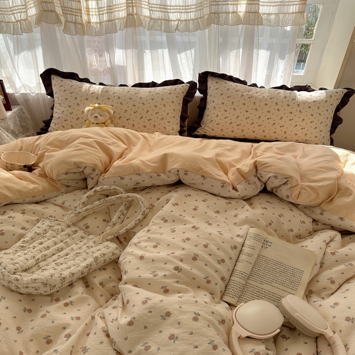 91家纺网 家纺一手货源 找家纺 顾里家纺 2025新款韩系花边皱皱纱四件套 晴岛恋章