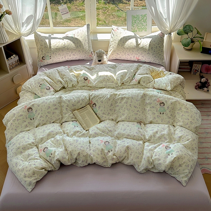 91家纺网 家纺一手货源 找家纺 耀达家居 2025新款木棉A类有氧双层纱四件套小清新碎花床单宿舍三件套 艾莉