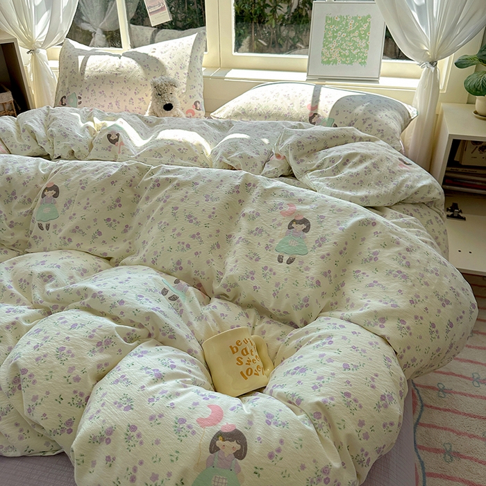 91家纺网 家纺一手货源 找家纺 耀达家居 2025新款木棉A类有氧双层纱四件套小清新碎花床单宿舍三件套 艾莉