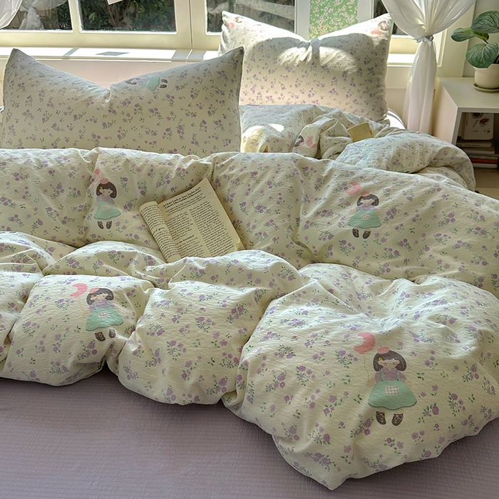 91家纺网 家纺一手货源 找家纺 耀达家居 2025新款木棉A类有氧双层纱四件套小清新碎花床单宿舍三件套 艾莉