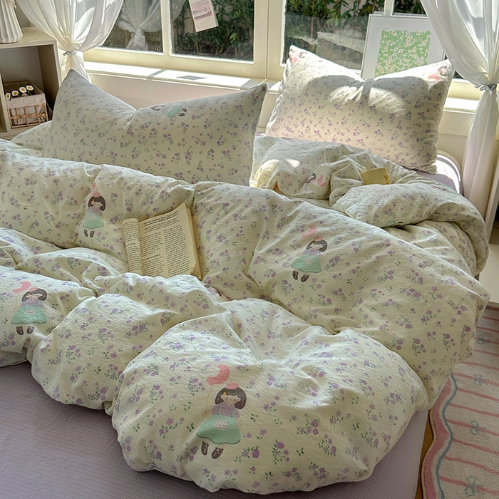 91家纺网 家纺一手货源 找家纺 耀达家居 2025新款木棉A类有氧双层纱四件套小清新碎花床单宿舍三件套 艾莉