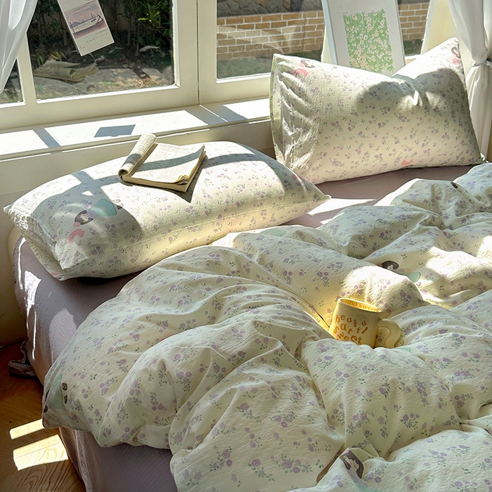 91家纺网 家纺一手货源 找家纺 耀达家居 2025新款木棉A类有氧双层纱四件套小清新碎花床单宿舍三件套 艾莉