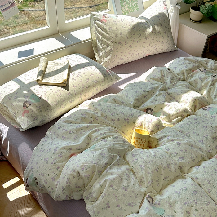 91家纺网 家纺一手货源 找家纺 耀达家居 2025新款木棉A类有氧双层纱四件套小清新碎花床单宿舍三件套 艾莉