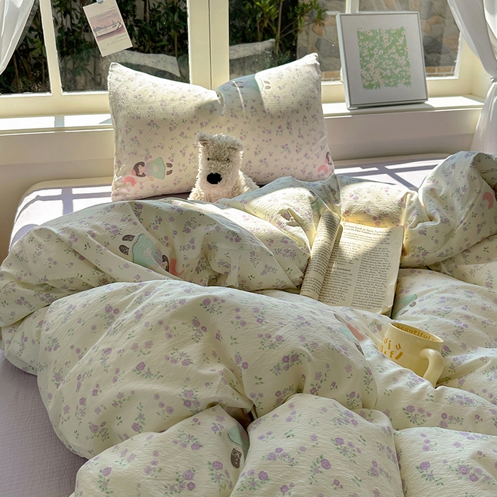 91家纺网 家纺一手货源 找家纺 耀达家居 2025新款木棉A类有氧双层纱四件套小清新碎花床单宿舍三件套 艾莉