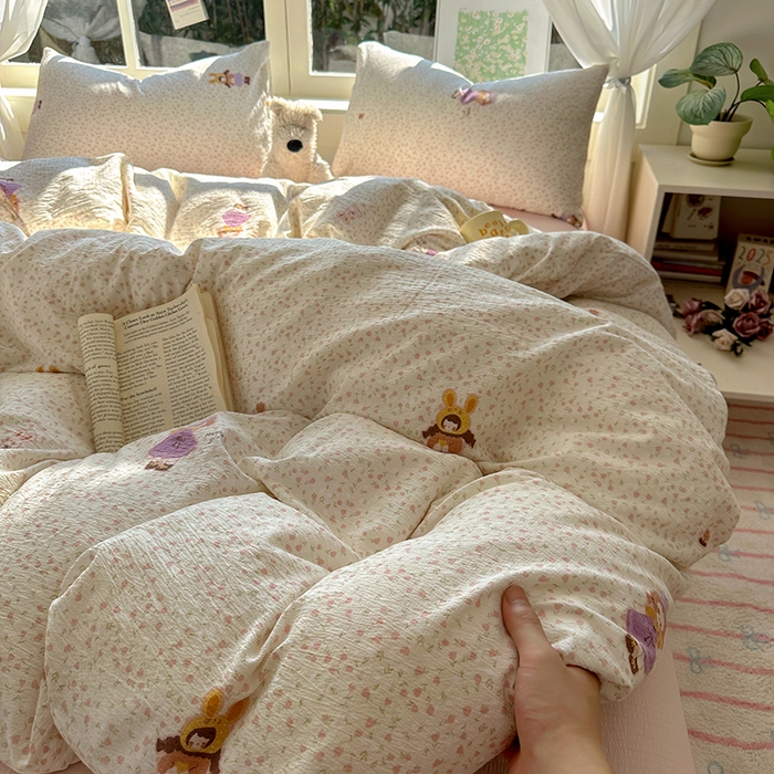 耀达家居 2025新款木棉A类有氧双层纱四件套小清新碎花床单宿舍三件套 安妮