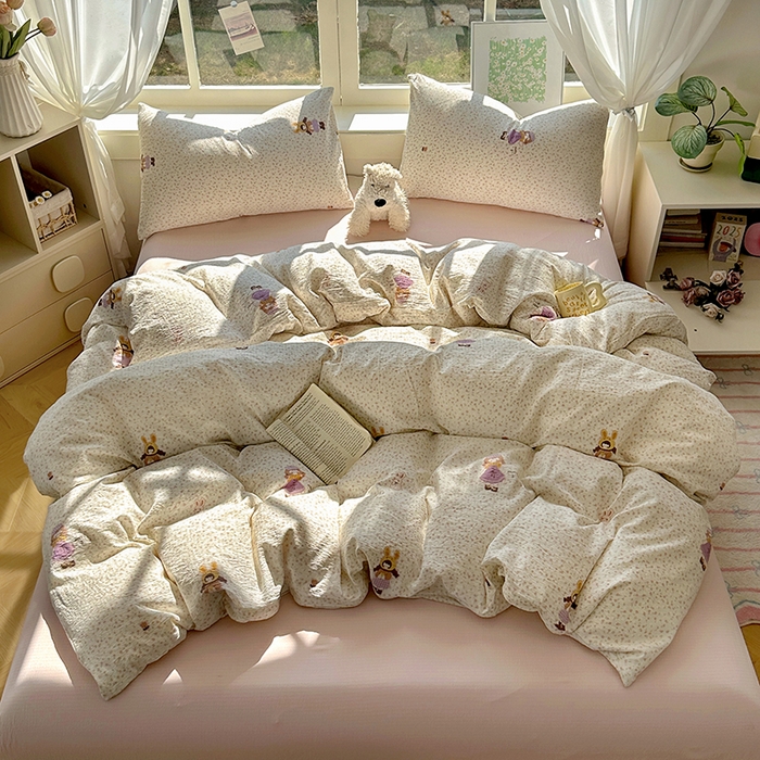 91家纺网 家纺一手货源 找家纺 耀达家居 2025新款木棉A类有氧双层纱四件套小清新碎花床单宿舍三件套 安妮