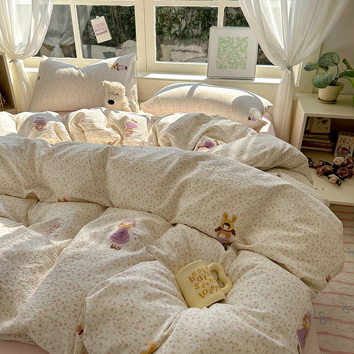 91家纺网 家纺一手货源 找家纺 耀达家居 2025新款木棉A类有氧双层纱四件套小清新碎花床单宿舍三件套 安妮