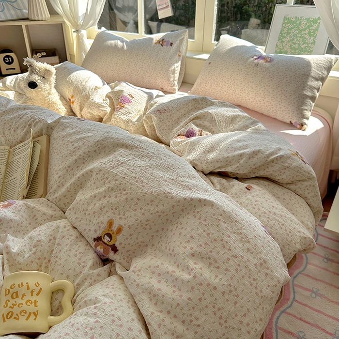 91家纺网 家纺一手货源 找家纺 耀达家居 2025新款木棉A类有氧双层纱四件套小清新碎花床单宿舍三件套 安妮