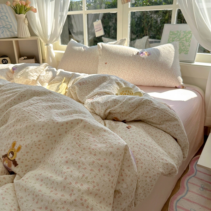 91家纺网 家纺一手货源 找家纺 耀达家居 2025新款木棉A类有氧双层纱四件套小清新碎花床单宿舍三件套 安妮