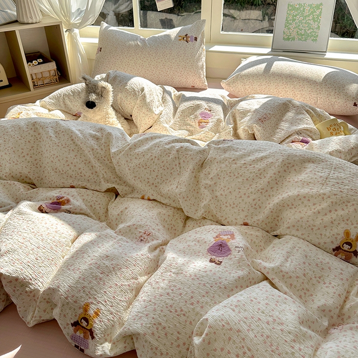 91家纺网 家纺一手货源 找家纺 耀达家居 2025新款木棉A类有氧双层纱四件套小清新碎花床单宿舍三件套 安妮