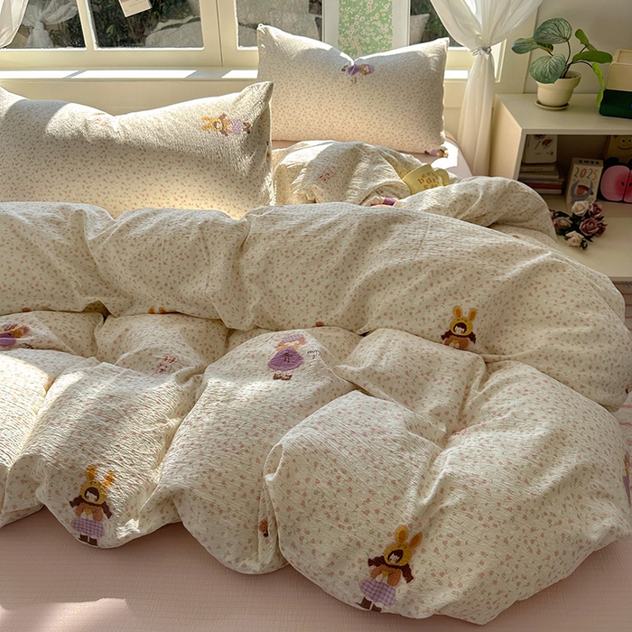 91家纺网 家纺一手货源 找家纺 耀达家居 2025新款木棉A类有氧双层纱四件套小清新碎花床单宿舍三件套 安妮