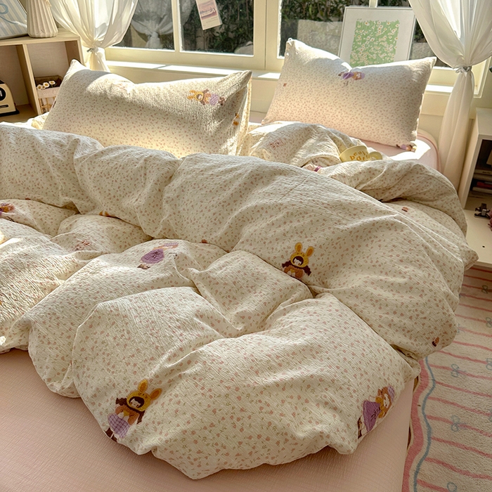 91家纺网 家纺一手货源 找家纺 耀达家居 2025新款木棉A类有氧双层纱四件套小清新碎花床单宿舍三件套 安妮