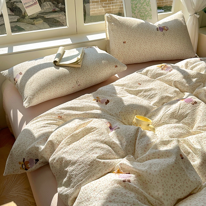 91家纺网 家纺一手货源 找家纺 耀达家居 2025新款木棉A类有氧双层纱四件套小清新碎花床单宿舍三件套 安妮