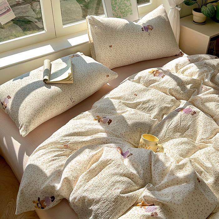 91家纺网 家纺一手货源 找家纺 耀达家居 2025新款木棉A类有氧双层纱四件套小清新碎花床单宿舍三件套 安妮