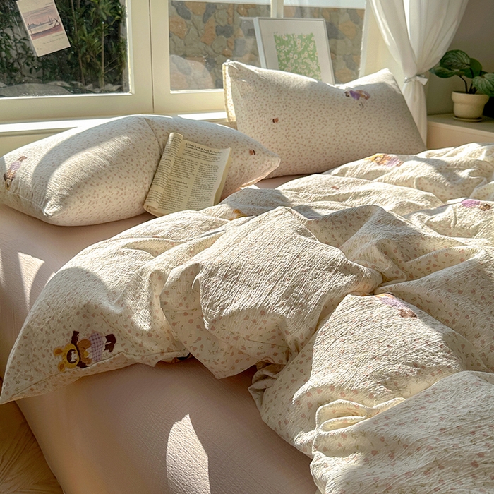 91家纺网 家纺一手货源 找家纺 耀达家居 2025新款木棉A类有氧双层纱四件套小清新碎花床单宿舍三件套 安妮