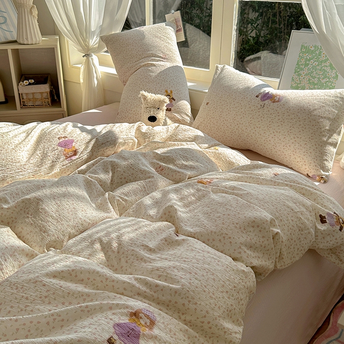 91家纺网 家纺一手货源 找家纺 耀达家居 2025新款木棉A类有氧双层纱四件套小清新碎花床单宿舍三件套 安妮