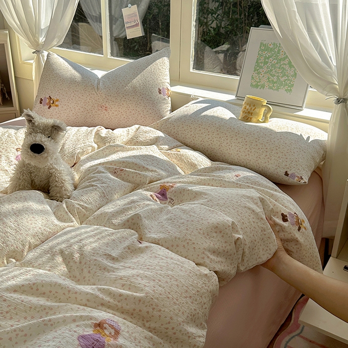 91家纺网 家纺一手货源 找家纺 耀达家居 2025新款木棉A类有氧双层纱四件套小清新碎花床单宿舍三件套 安妮