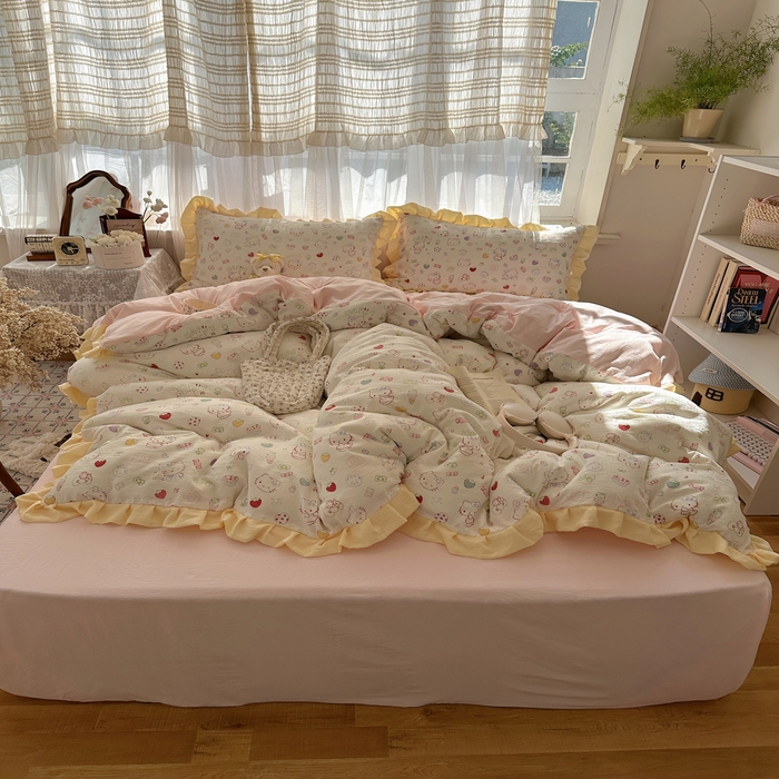 顾里家纺 2025新款韩系花边皱皱纱四件套 糖果猫咪