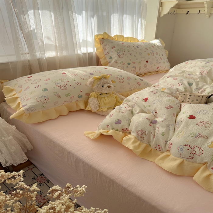 91家纺网 家纺一手货源 找家纺 顾里家纺 2025新款韩系花边皱皱纱四件套 糖果猫咪