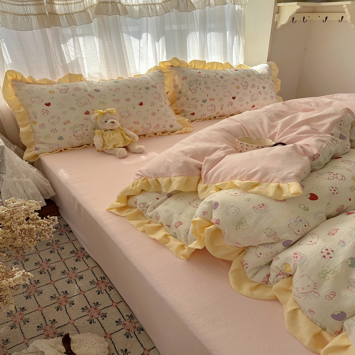 91家纺网 家纺一手货源 找家纺 顾里家纺 2025新款韩系花边皱皱纱四件套 糖果猫咪